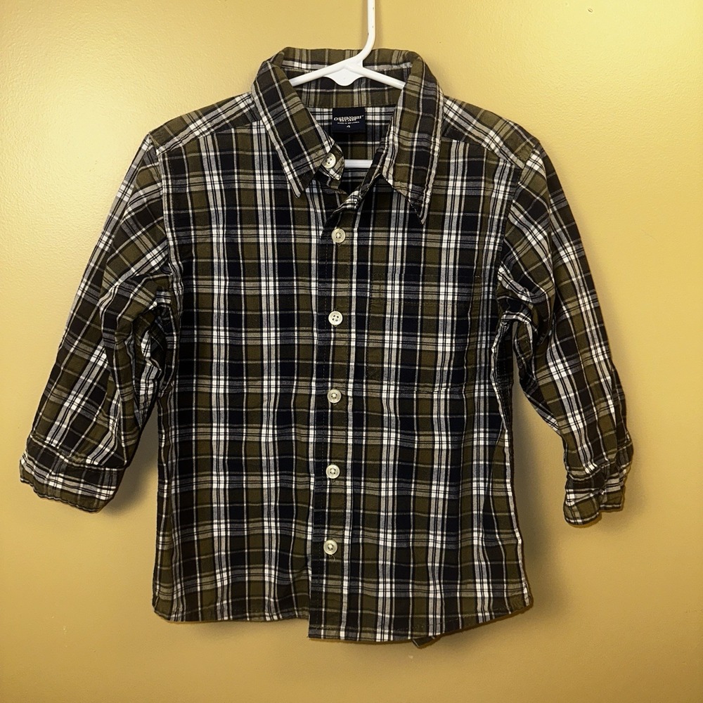 OshKosh B'Gosh Toddler Boys 4T Vtg USA Blue Plaid Button Up Shirt Long Sleeve